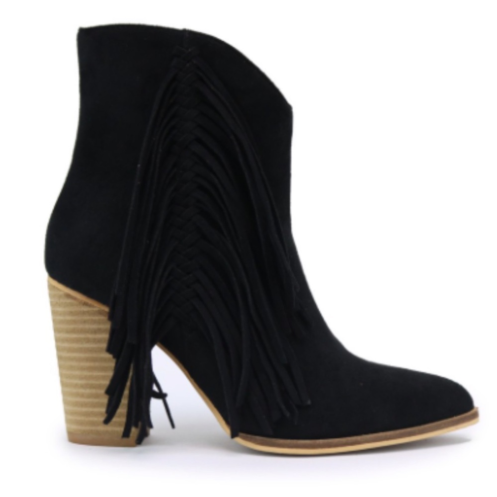 New in Box Beast Fashion | Jackie Fringe Hem Faux Suede Black Booties, Size 8.5